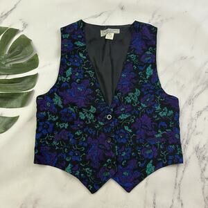 Norton McNaughton Womens Vintage 90s Vest Size 8 P Purple Black Floral Jewel